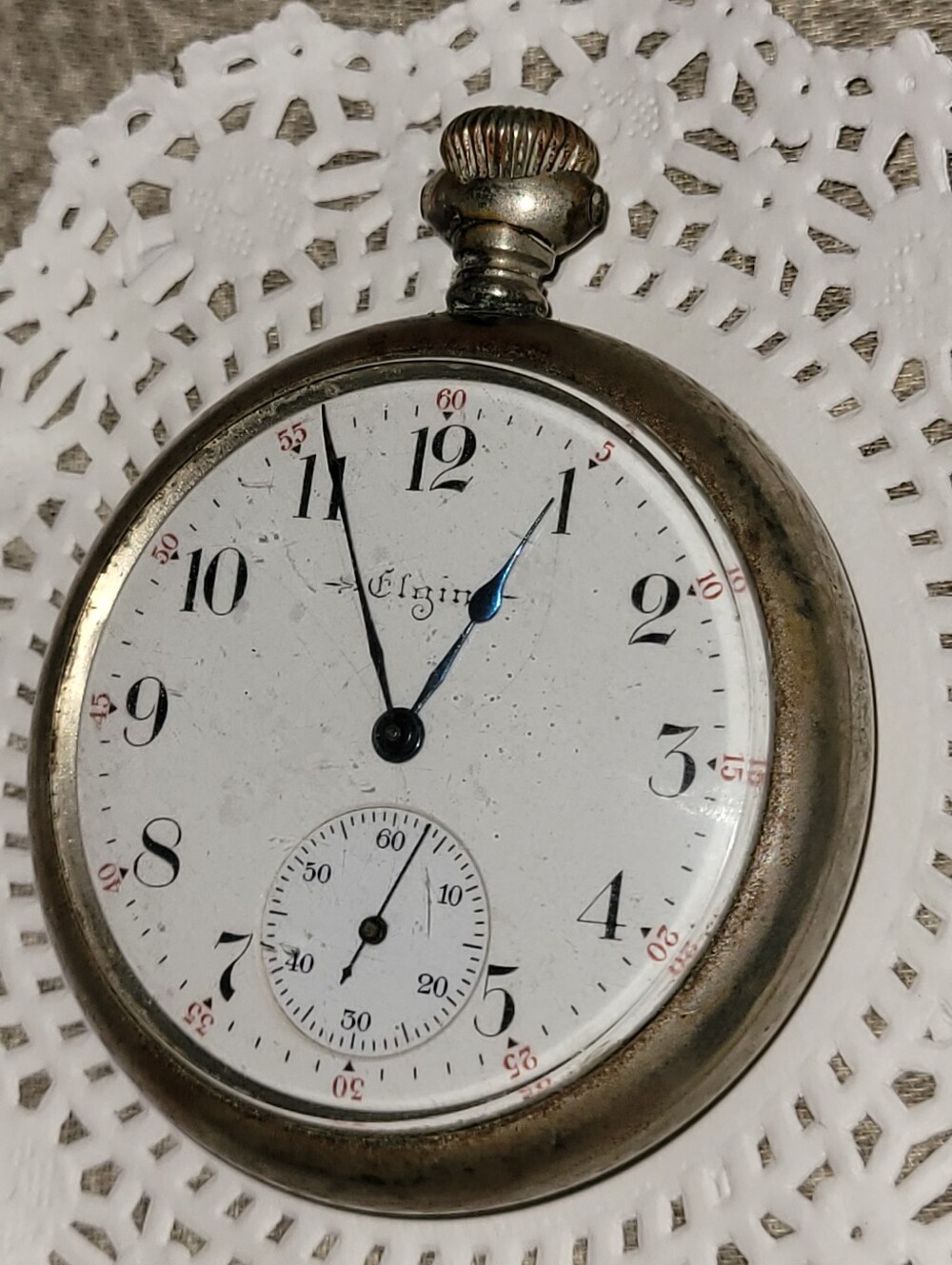 Elgin Pocket Watch Silver Blue Hands Red Numerals Mechanical Wind Up - PARTS?